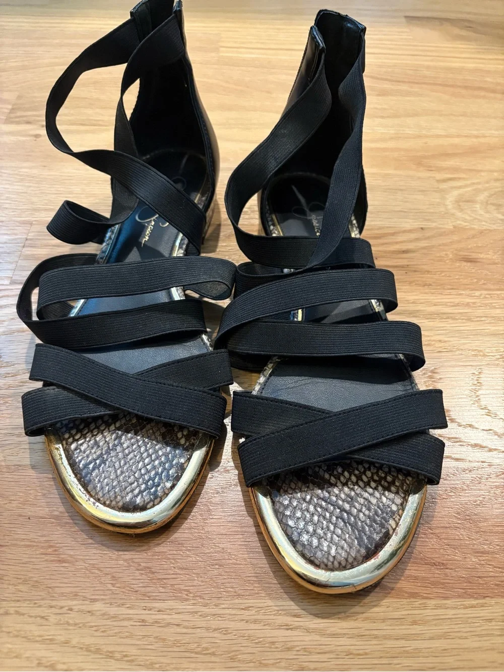 Jessica Simpson Black Strappy Sandals with Snakeskin Heel Accent